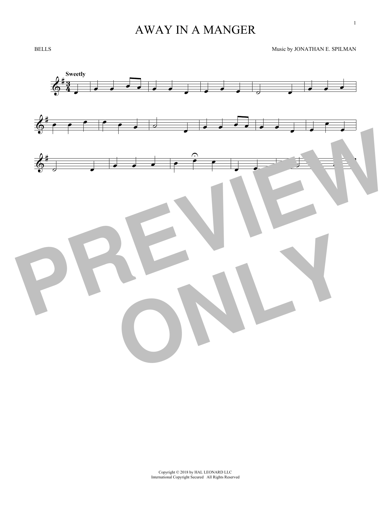 Learn to play Jonathan E. Spilman Away In A Manger sheet music for Bells Solo in minutes. Price: 6.9900$ Jonathan E. Spilman Away In A Manger sheet music notes and chords arranged for Bells Solo