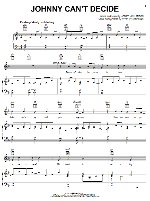Jonathan Larson Johnny Can't Decide sheet music notes and chords. Download Printable PDF.