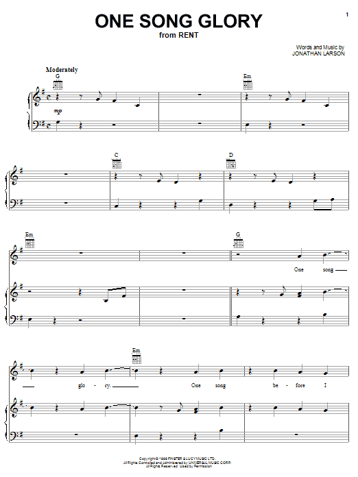 Learn to play Jonathan Larson One Song Glory sheet music for Pro Vocal in minutes. Price: 6.9900$ Jonathan Larson One Song Glory sheet music notes and chords arranged for Pro Vocal