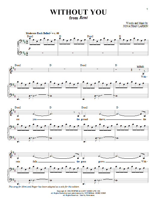 Jonathan Larson Without You sheet music notes and chords. Download Printable PDF.