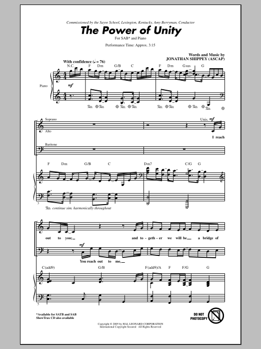 Learn to play Jonathan Shippey The Power Of Unity sheet music for SAB Choir in minutes. Price: 3.9900$ Jonathan Shippey The Power Of Unity sheet music notes and chords arranged for SAB Choir