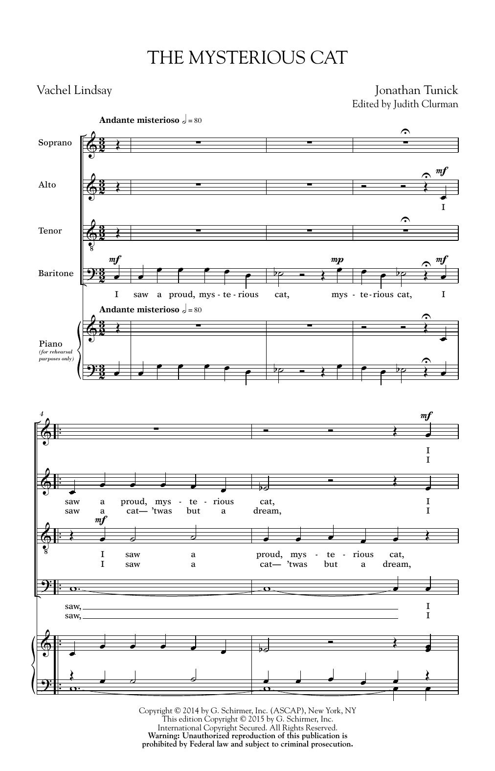 Jonathan Tunick The Mysterious Cat sheet music notes and chords. Download Printable PDF.