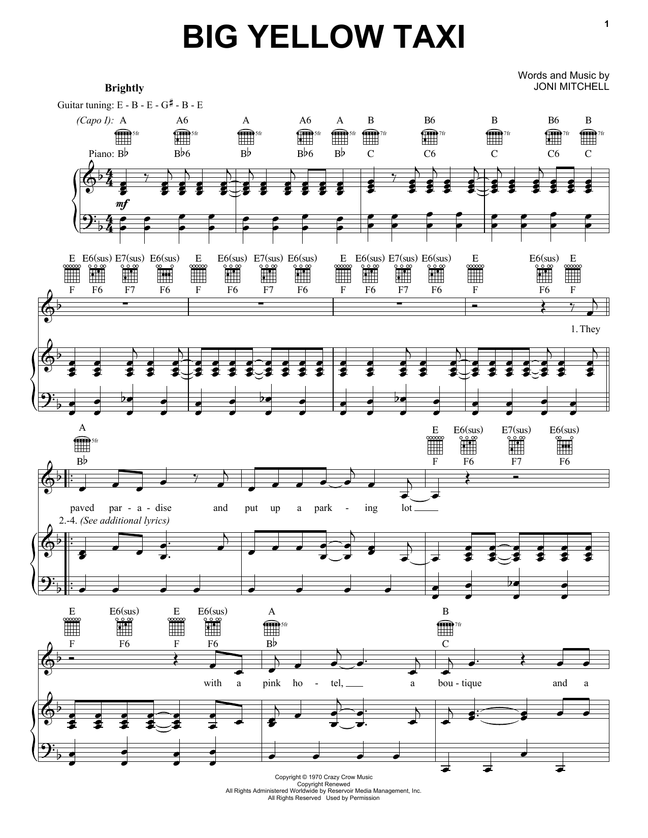 Joni Mitchell Big Yellow Taxi sheet music notes and chords. Download Printable PDF.