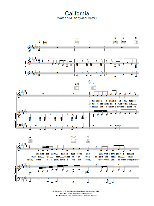 Joni Mitchell California sheet music notes and chords. Download Printable PDF.