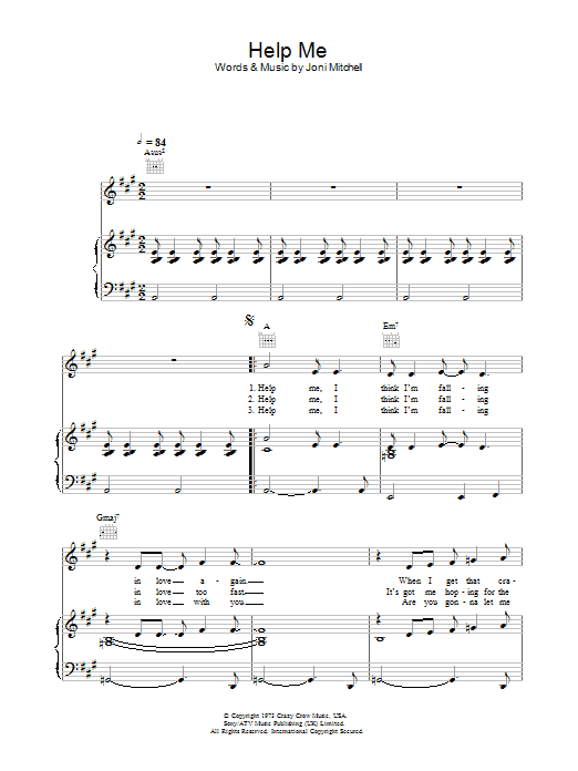 Learn to play Joni Mitchell Help Me sheet music for Piano, Vocal & Guitar (Right-Hand Melody) in minutes. Joni Mitchell Help Me sheet music notes and chords. Download Printable PDF.