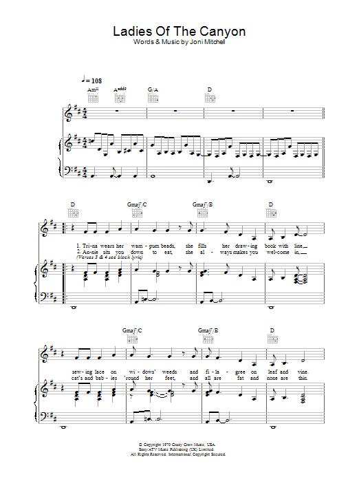 Learn to play Joni Mitchell Ladies Of The Canyon sheet music for Piano, Vocal & Guitar (Right-Hand Melody) in minutes. Joni Mitchell Ladies Of The Canyon sheet music notes and chords. Download Printable PDF.
