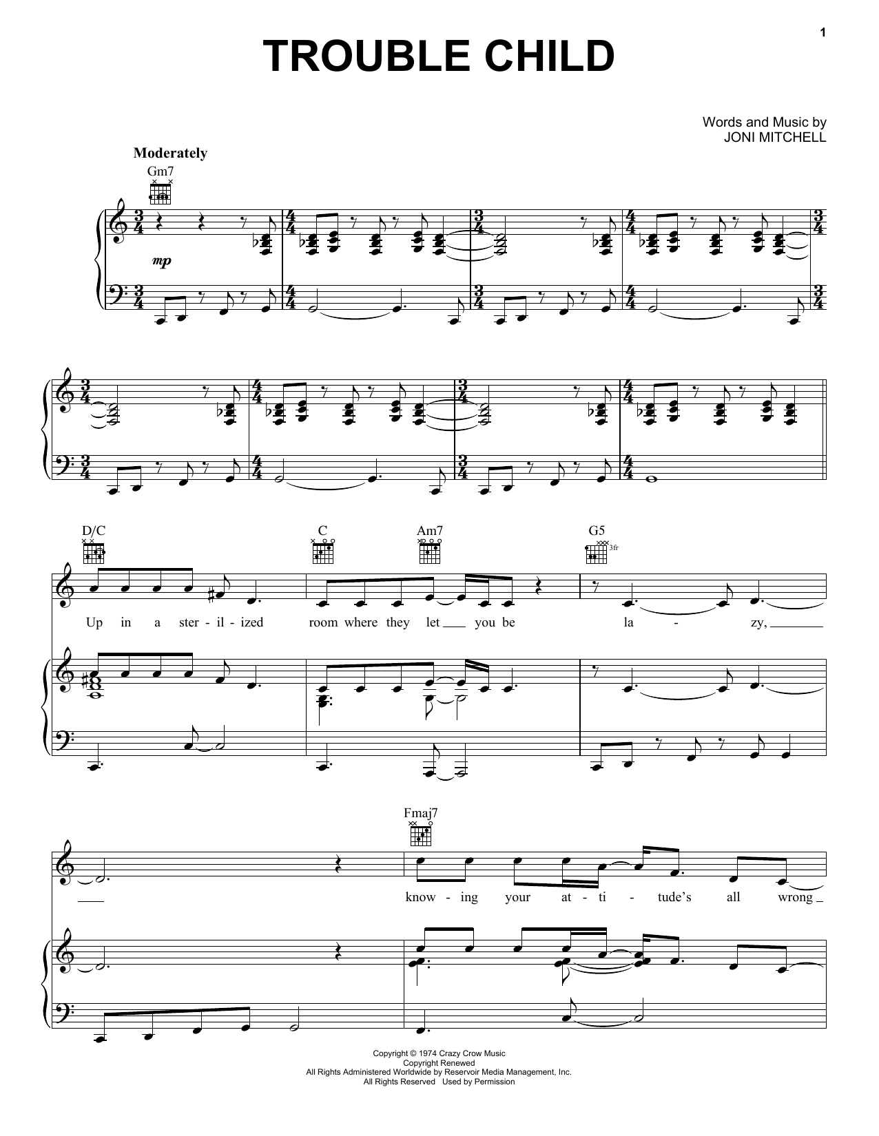 Joni Mitchell Trouble Child sheet music notes and chords. Download Printable PDF.