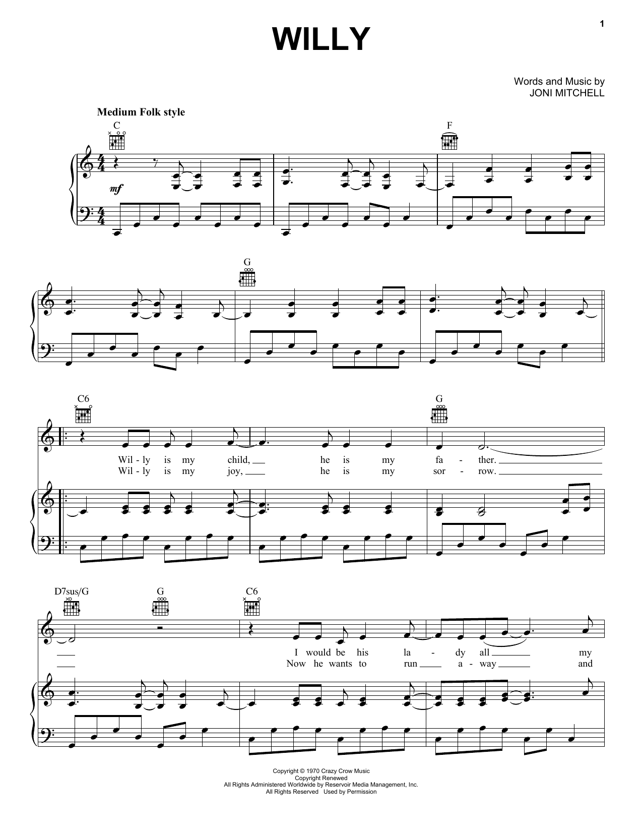 Joni Mitchell Willy sheet music notes and chords. Download Printable PDF.