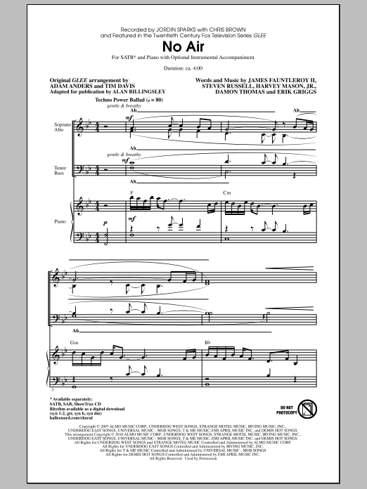 Learn to play Jordin Sparks No Air (from Glee) (adapt. Alan Billingsley) sheet music for SAB Choir in minutes. Price: 3.9900$ Jordin Sparks No Air (from Glee) (adapt. Alan Billingsley) sheet music notes and chords arranged for SAB Choir