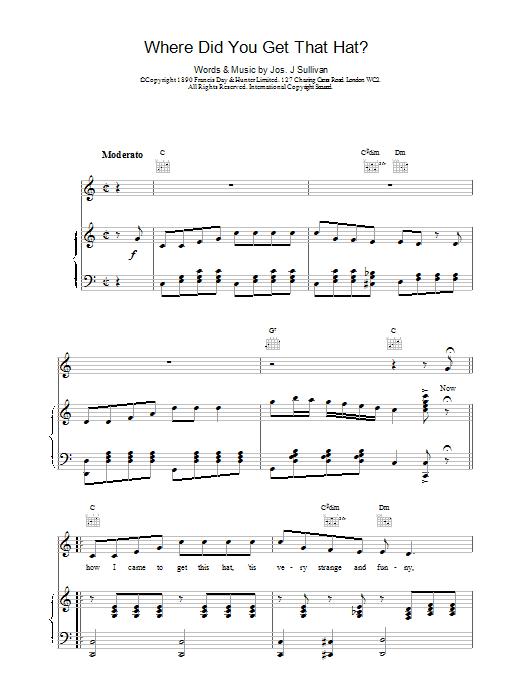 Learn to play Jos J. Sullivan Where Did You Get That Hat? sheet music for Piano, Vocal & Guitar in minutes. Price: 7.8900$ Jos J. Sullivan Where Did You Get That Hat? sheet music notes and chords. Download Printable PDF.