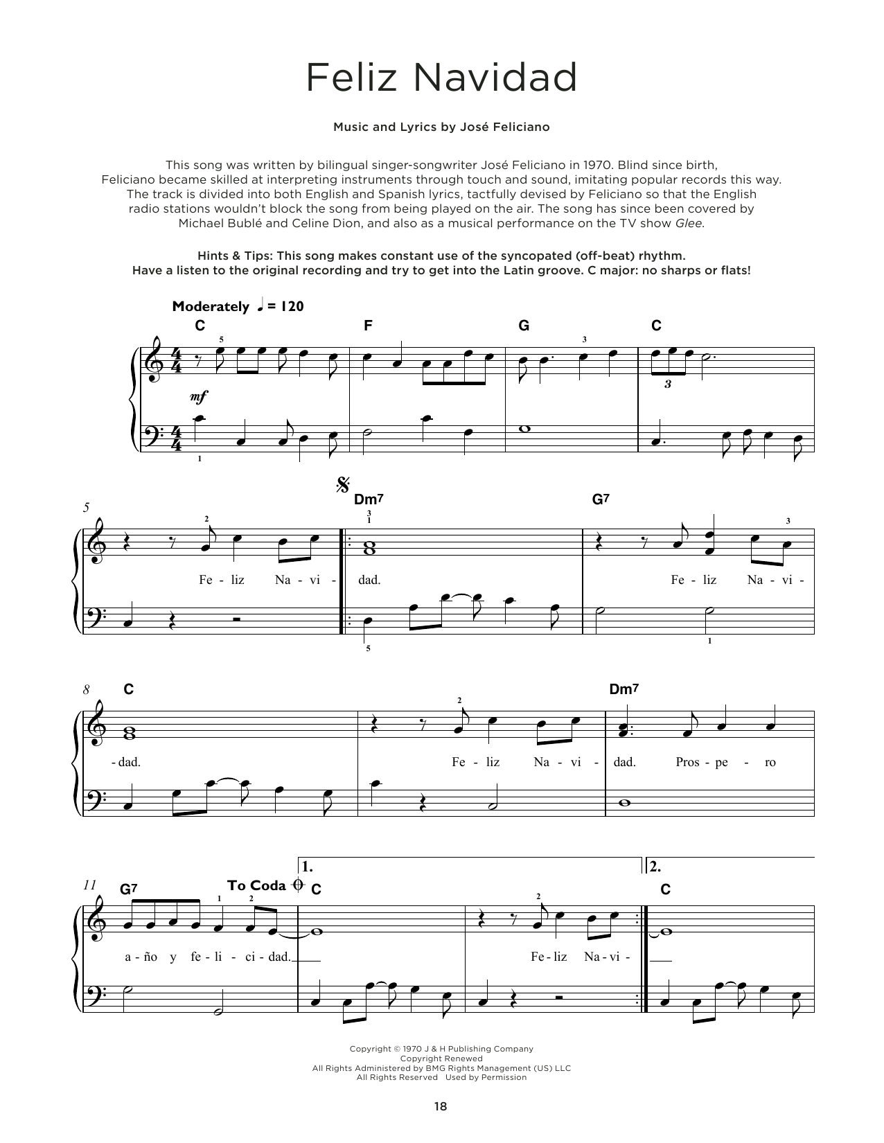 Jose Feliciano Feliz Navidad sheet music notes and chords. Download Printable PDF.