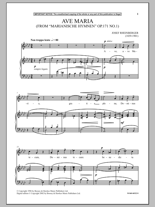 Learn to play Josef Rheinberger Ave Maria, Op.171, No.1 (from Marianische Hymnen) sheet music for Piano & Vocal in minutes. Price: 6.9900$ Josef Rheinberger Ave Maria, Op.171, No.1 (from Marianische Hymnen) sheet music notes and chords arranged for Piano & Vocal