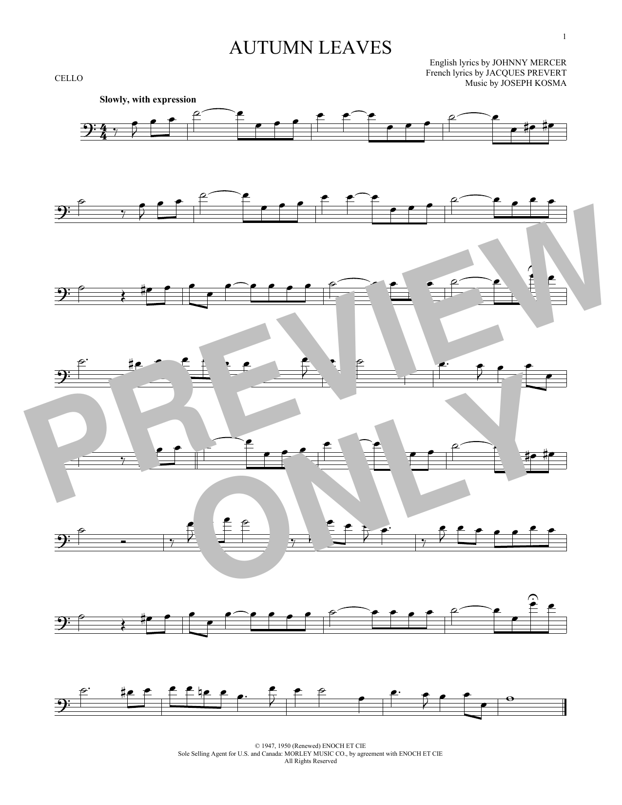 Joseph Kosma Autumn Leaves sheet music notes and chords. Download Printable PDF.