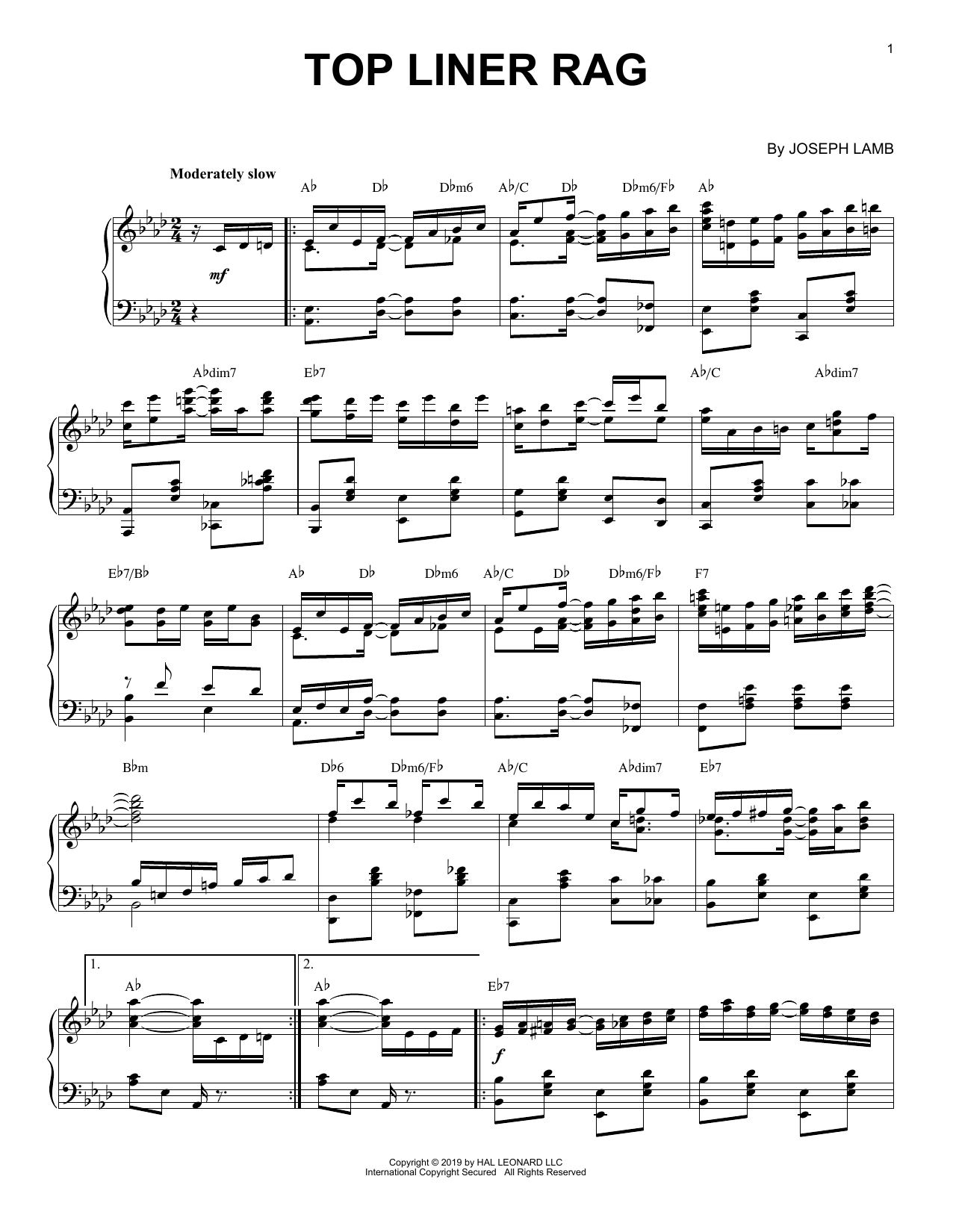 Joseph Lamb Top Liner Rag [Jazz version] sheet music notes and chords. Download Printable PDF.