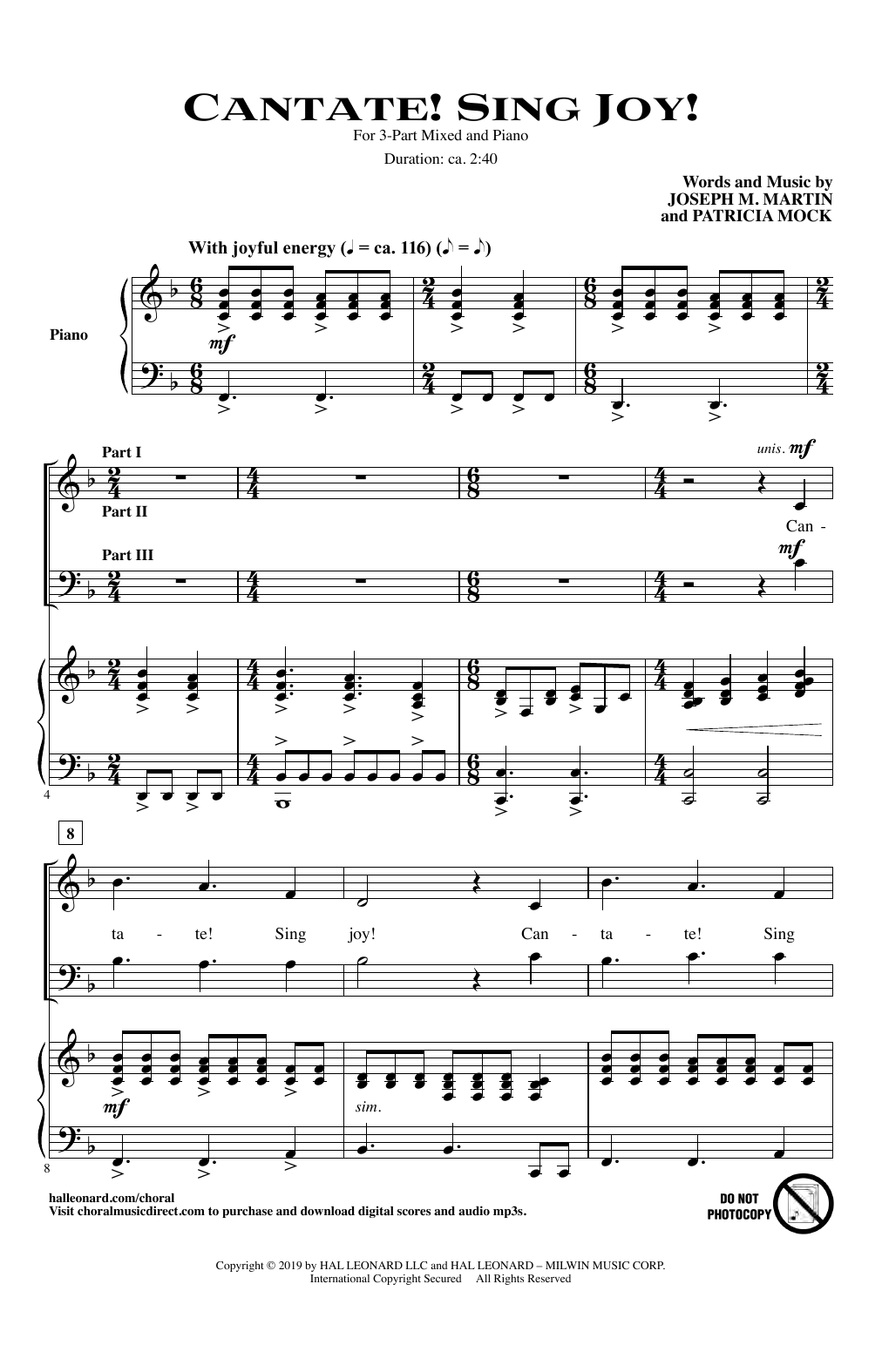 Joseph Martin & Patricia Mock Cantate! Sing Joy! sheet music notes and chords. Download Printable PDF.