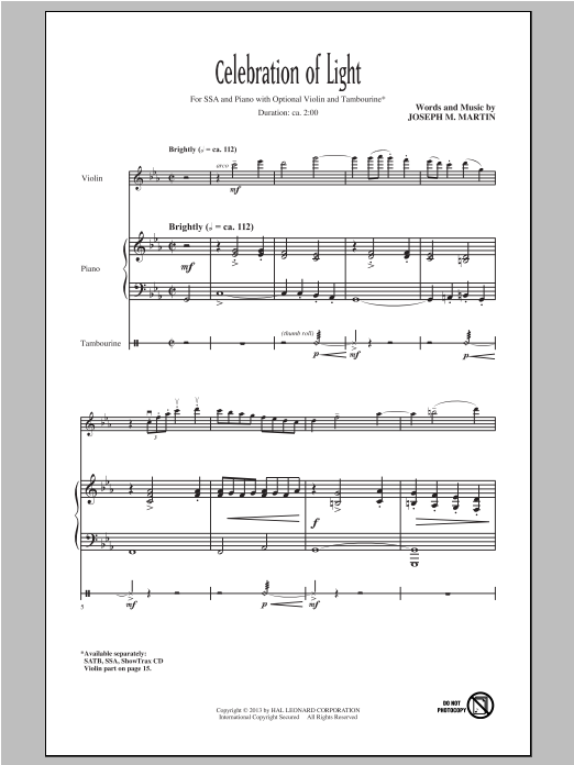 Learn to play Joseph M. Martin Celebration Of Light sheet music for SSA Choir in minutes. Price: 3.9900$ Joseph M. Martin Celebration Of Light sheet music notes and chords arranged for SSA Choir