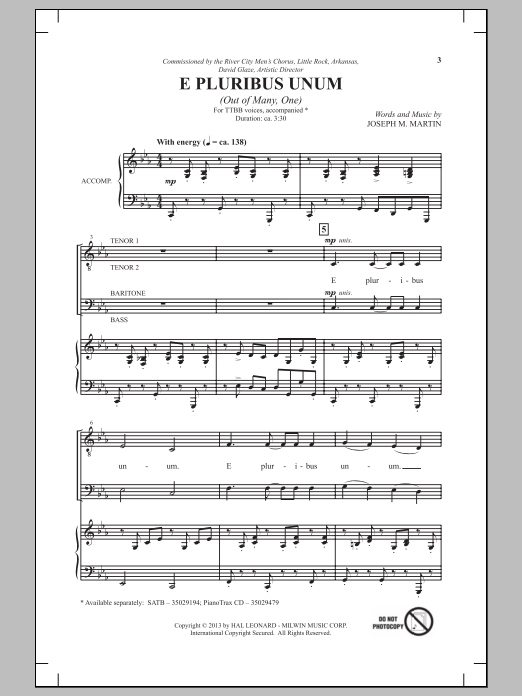 Learn to play Joseph M. Martin E Pluribus Unum sheet music for SATB Choir in minutes. Price: 3.9900$ Joseph M. Martin E Pluribus Unum sheet music notes and chords arranged for SATB Choir