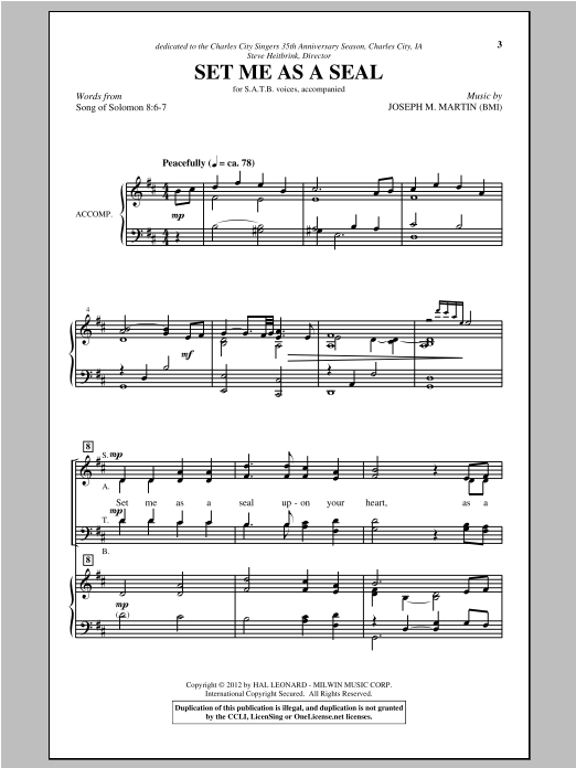 Joseph M Martin Set Me As A Seal Sheet Music Pdf Notes Chords Concert Score Satb Choir Download Printable Sku 93602