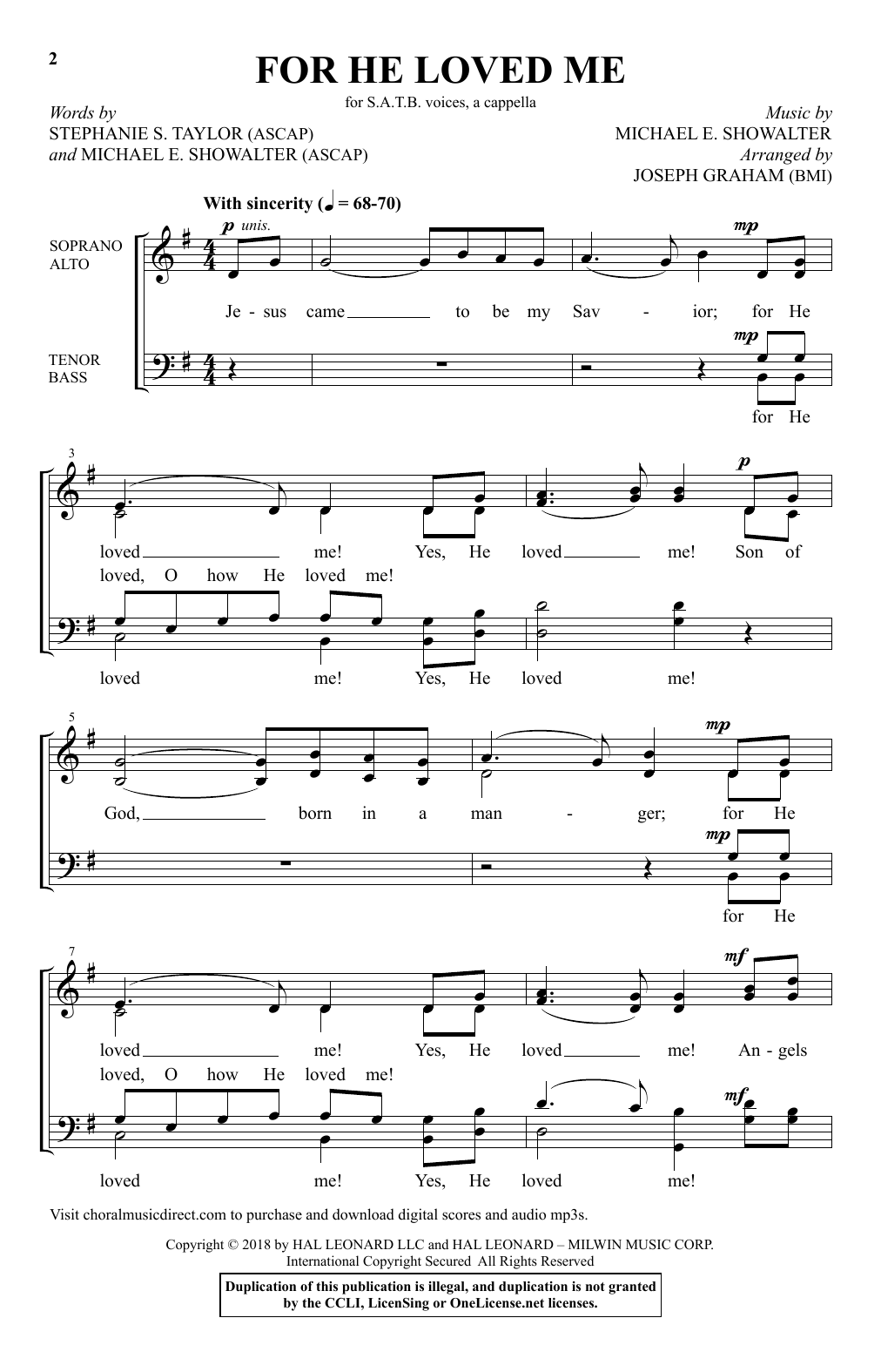 Learn to play Joseph Graham For He Loved Me sheet music for SATB Choir in minutes. Price: 3.9900$ Joseph Graham For He Loved Me sheet music notes and chords arranged for SATB Choir