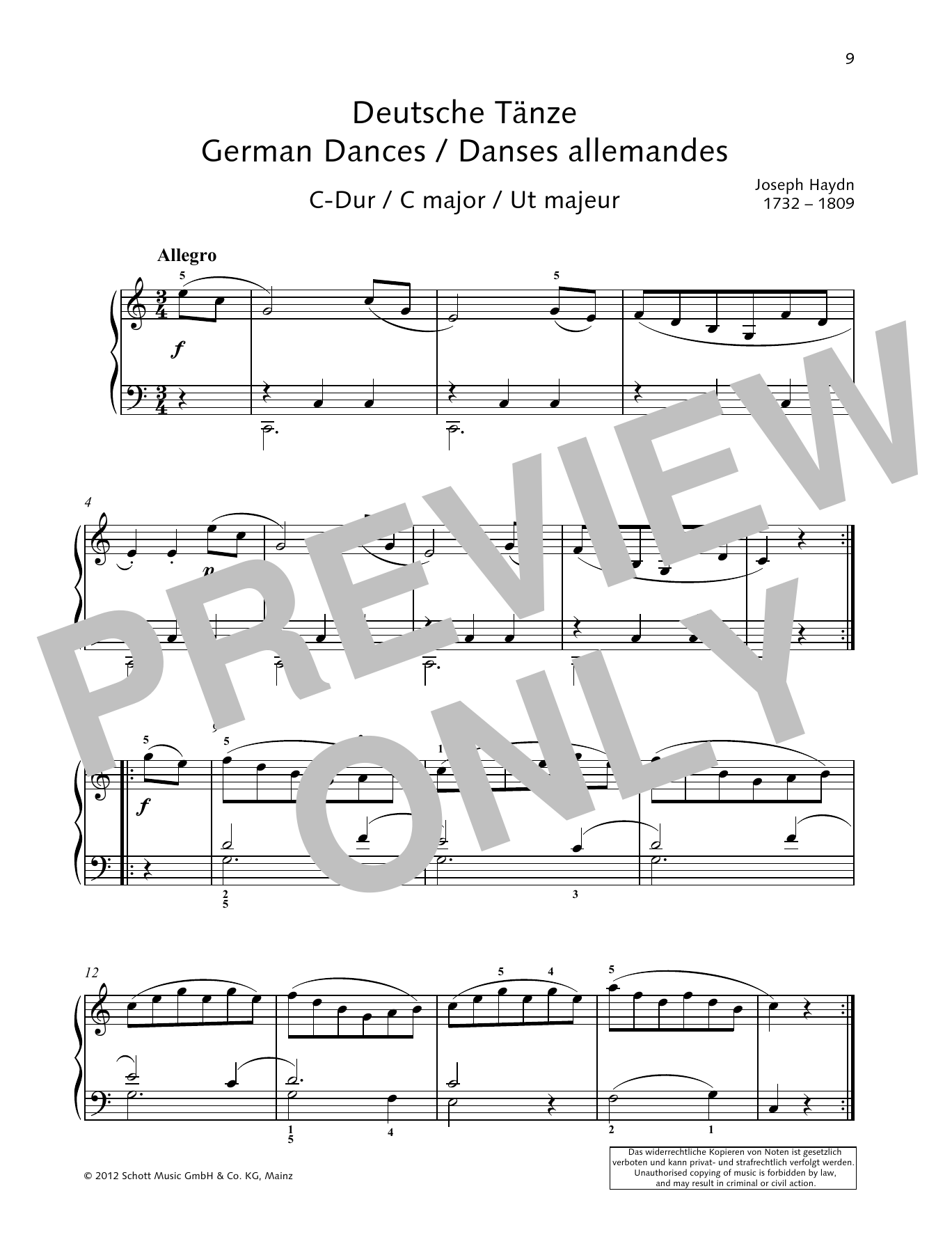 Joseph Haydn German Dance C major sheet music notes and chords arranged for Piano Solo