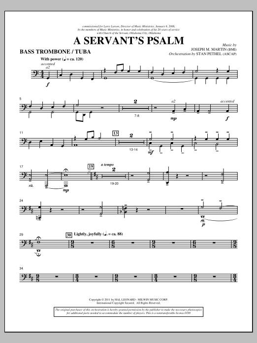 Learn to play Joseph M. Martin A Servant's Psalm - Bass Trombone/Tuba sheet music for Choir Instrumental Pak in minutes. Price: 8.9900$ Joseph M. Martin A Servant's Psalm - Bass Trombone/Tuba sheet music notes and chords arranged for Choir Instrumental Pak