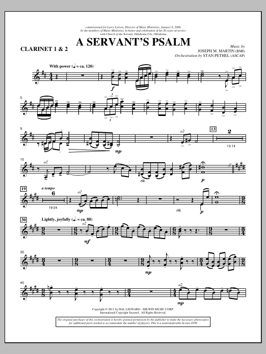 Learn to play Joseph M. Martin A Servant's Psalm - Bb Clarinet 1,2 sheet music for Choir Instrumental Pak in minutes. Price: 8.9900$ Joseph M. Martin A Servant's Psalm - Bb Clarinet 1,2 sheet music notes and chords arranged for Choir Instrumental Pak