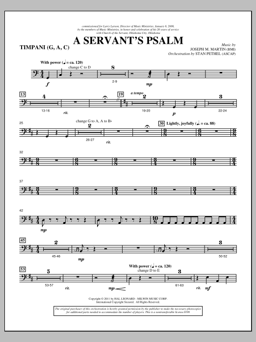 Learn to play Joseph M. Martin A Servant's Psalm - Timpani sheet music for Choir Instrumental Pak in minutes. Price: 8.9900$ Joseph M. Martin A Servant's Psalm - Timpani sheet music notes and chords arranged for Choir Instrumental Pak