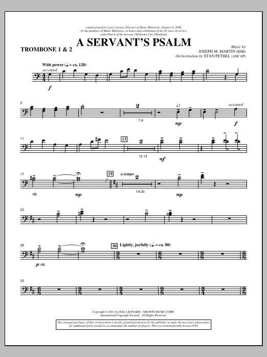 Learn to play Joseph M. Martin A Servant's Psalm - Trombone 1 & 2 sheet music for Choir Instrumental Pak in minutes. Price: 8.9900$ Joseph M. Martin A Servant's Psalm - Trombone 1 & 2 sheet music notes and chords arranged for Choir Instrumental Pak