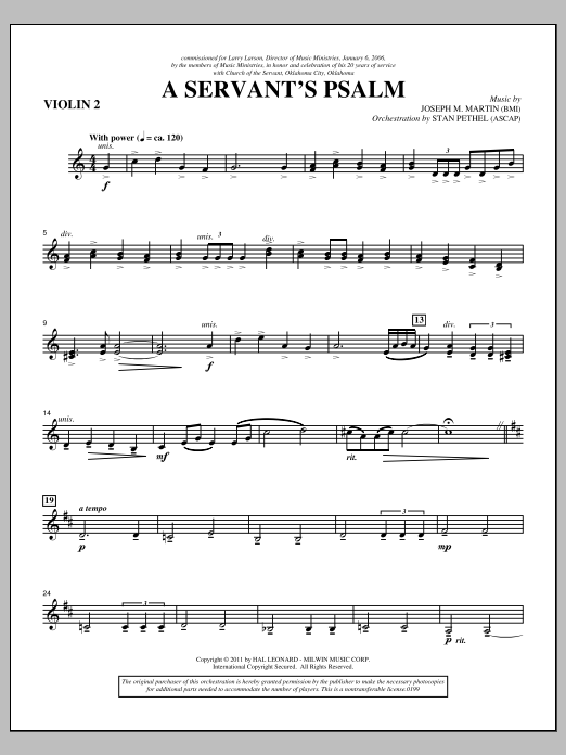 Learn to play Joseph M. Martin A Servant's Psalm - Violin 2 sheet music for Choir Instrumental Pak in minutes. Price: 8.9900$ Joseph M. Martin A Servant's Psalm - Violin 2 sheet music notes and chords arranged for Choir Instrumental Pak