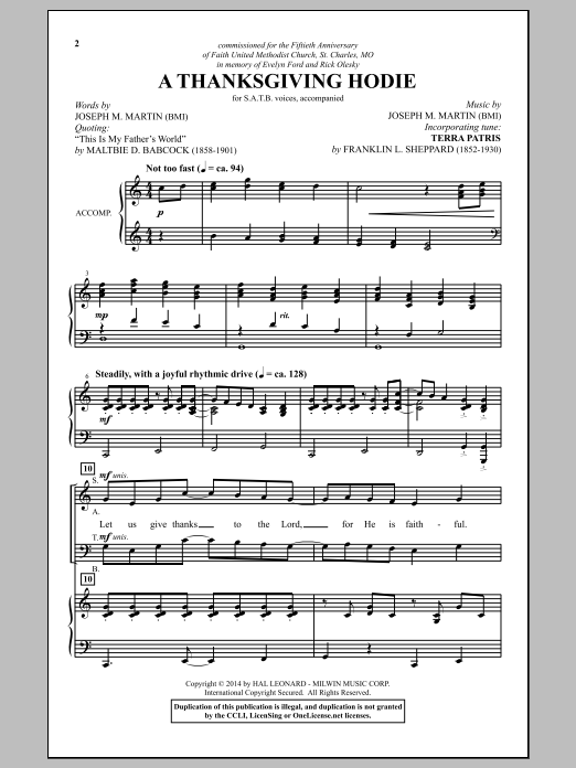 Learn to play Joseph M. Martin A Thanksgiving Hodie sheet music for SATB Choir in minutes. Price: 3.9900$ Joseph M. Martin A Thanksgiving Hodie sheet music notes and chords arranged for SATB Choir