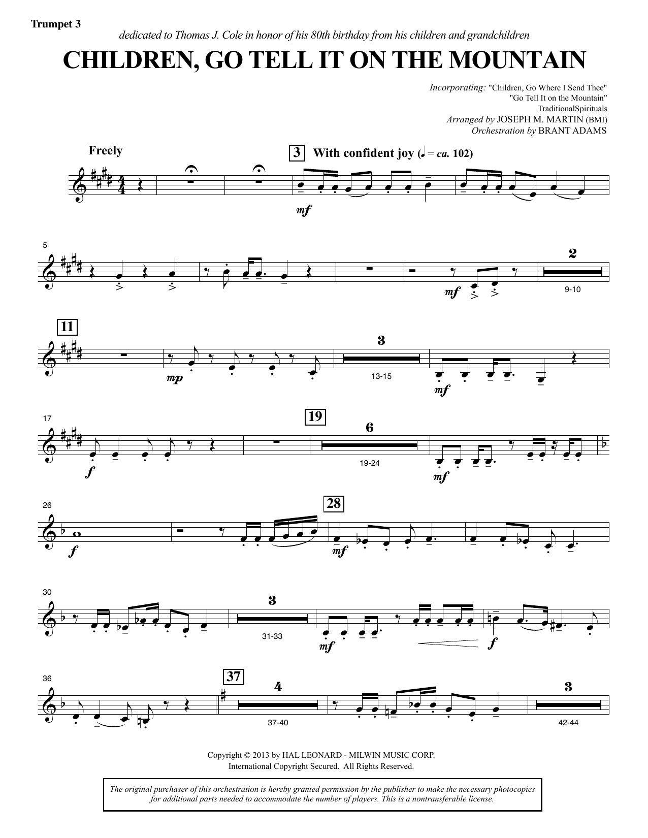 Learn to play Joseph M. Martin Children, Go Tell It on the Mountain - Bb Trumpet 3 sheet music for Choir Instrumental Pak in minutes. Price: 8.9900$ Joseph M. Martin Children, Go Tell It on the Mountain - Bb Trumpet 3 sheet music notes and chords arranged for Choir Instrumental Pak