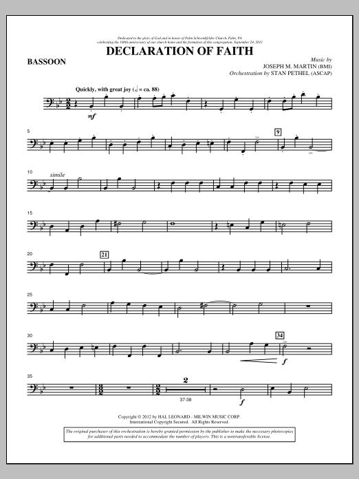 Learn to play Joseph M. Martin Declaration Of Faith - Bassoon sheet music for Choir Instrumental Pak in minutes. Price: 8.9900$ Joseph M. Martin Declaration Of Faith - Bassoon sheet music notes and chords arranged for Choir Instrumental Pak