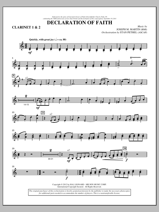 Learn to play Joseph M. Martin Declaration Of Faith - Bb Clarinet 1,2 sheet music for Choir Instrumental Pak in minutes. Price: 8.9900$ Joseph M. Martin Declaration Of Faith - Bb Clarinet 1,2 sheet music notes and chords arranged for Choir Instrumental Pak