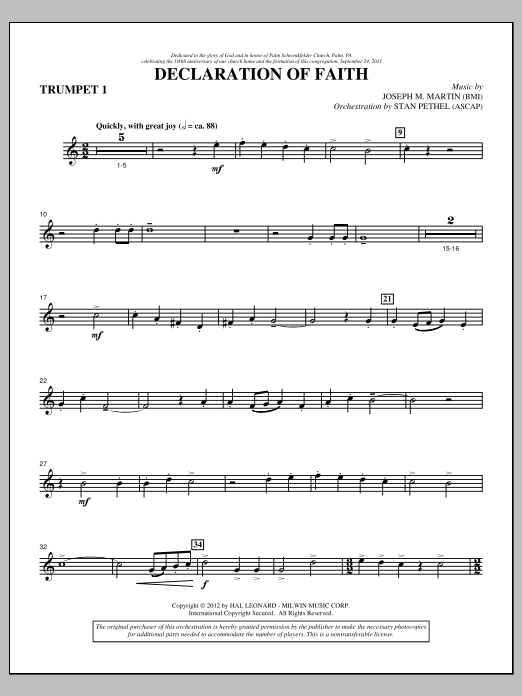 Learn to play Joseph M. Martin Declaration Of Faith - Bb Trumpet 1 sheet music for Choir Instrumental Pak in minutes. Price: 8.9900$ Joseph M. Martin Declaration Of Faith - Bb Trumpet 1 sheet music notes and chords arranged for Choir Instrumental Pak