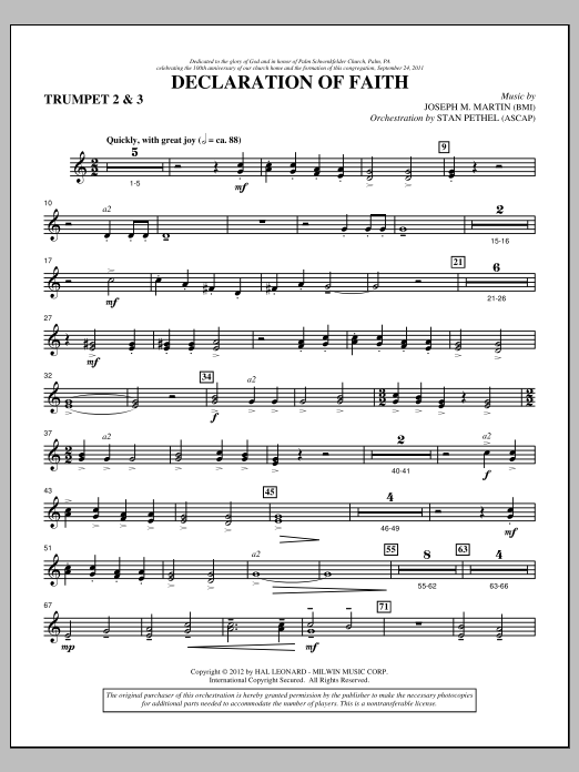 Learn to play Joseph M. Martin Declaration Of Faith - Bb Trumpet 2,3 sheet music for Choir Instrumental Pak in minutes. Price: 8.9900$ Joseph M. Martin Declaration Of Faith - Bb Trumpet 2,3 sheet music notes and chords arranged for Choir Instrumental Pak