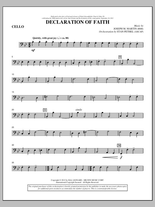 Learn to play Joseph M. Martin Declaration Of Faith - Cello sheet music for Choir Instrumental Pak in minutes. Price: 8.9900$ Joseph M. Martin Declaration Of Faith - Cello sheet music notes and chords arranged for Choir Instrumental Pak