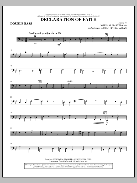 Learn to play Joseph M. Martin Declaration Of Faith - Double Bass sheet music for Choir Instrumental Pak in minutes. Price: 8.9900$ Joseph M. Martin Declaration Of Faith - Double Bass sheet music notes and chords arranged for Choir Instrumental Pak