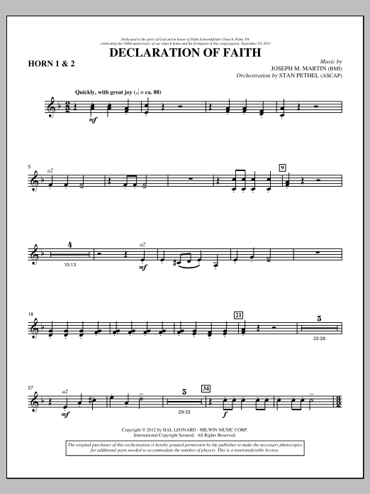 Learn to play Joseph M. Martin Declaration Of Faith - F Horn 1,2 sheet music for Choir Instrumental Pak in minutes. Price: 8.9900$ Joseph M. Martin Declaration Of Faith - F Horn 1,2 sheet music notes and chords arranged for Choir Instrumental Pak