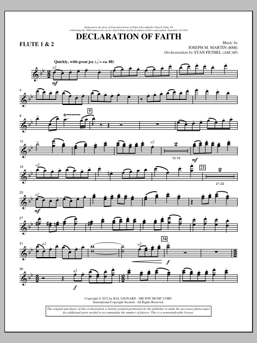 Learn to play Joseph M. Martin Declaration Of Faith - Flute 1 & 2 sheet music for Choir Instrumental Pak in minutes. Price: 8.9900$ Joseph M. Martin Declaration Of Faith - Flute 1 & 2 sheet music notes and chords arranged for Choir Instrumental Pak