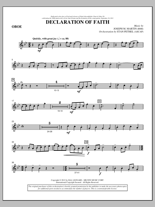 Learn to play Joseph M. Martin Declaration Of Faith - Oboe sheet music for Choir Instrumental Pak in minutes. Price: 8.9900$ Joseph M. Martin Declaration Of Faith - Oboe sheet music notes and chords arranged for Choir Instrumental Pak