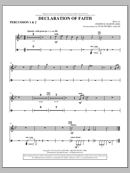 Learn to play Joseph M. Martin Declaration Of Faith - Percussion 1 & 2 sheet music for Choir Instrumental Pak in minutes. Price: 8.9900$ Joseph M. Martin Declaration Of Faith - Percussion 1 & 2 sheet music notes and chords arranged for Choir Instrumental Pak