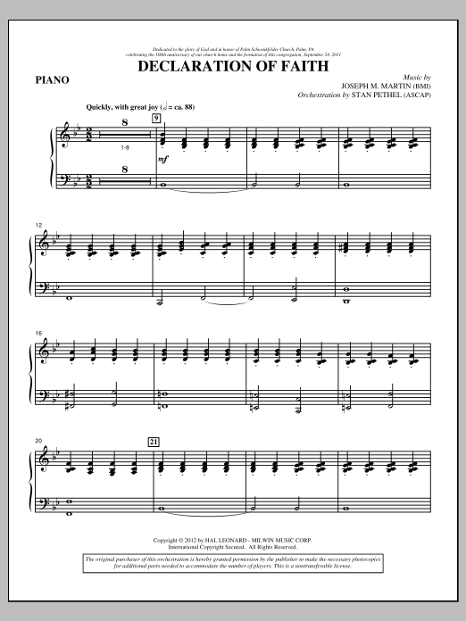 Learn to play Joseph M. Martin Declaration Of Faith - Piano sheet music for Choir Instrumental Pak in minutes. Price: 8.9900$ Joseph M. Martin Declaration Of Faith - Piano sheet music notes and chords arranged for Choir Instrumental Pak