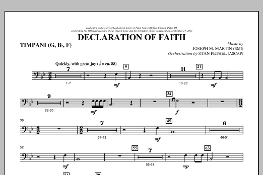 Learn to play Joseph M. Martin Declaration Of Faith - Timpani sheet music for Choir Instrumental Pak in minutes. Price: 8.9900$ Joseph M. Martin Declaration Of Faith - Timpani sheet music notes and chords arranged for Choir Instrumental Pak
