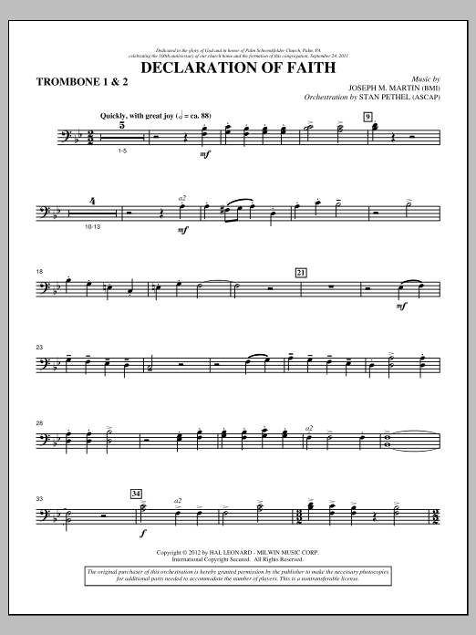 Learn to play Joseph M. Martin Declaration Of Faith - Trombone 1 & 2 sheet music for Choir Instrumental Pak in minutes. Price: 8.9900$ Joseph M. Martin Declaration Of Faith - Trombone 1 & 2 sheet music notes and chords arranged for Choir Instrumental Pak