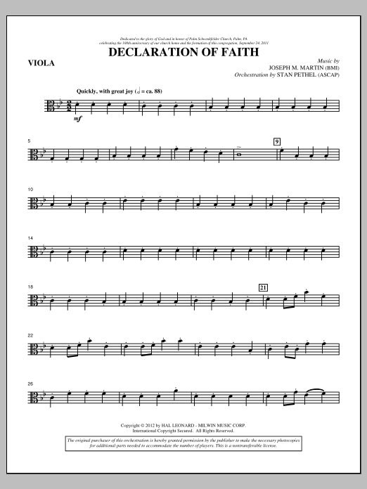 Learn to play Joseph M. Martin Declaration Of Faith - Viola sheet music for Choir Instrumental Pak in minutes. Price: 8.9900$ Joseph M. Martin Declaration Of Faith - Viola sheet music notes and chords arranged for Choir Instrumental Pak
