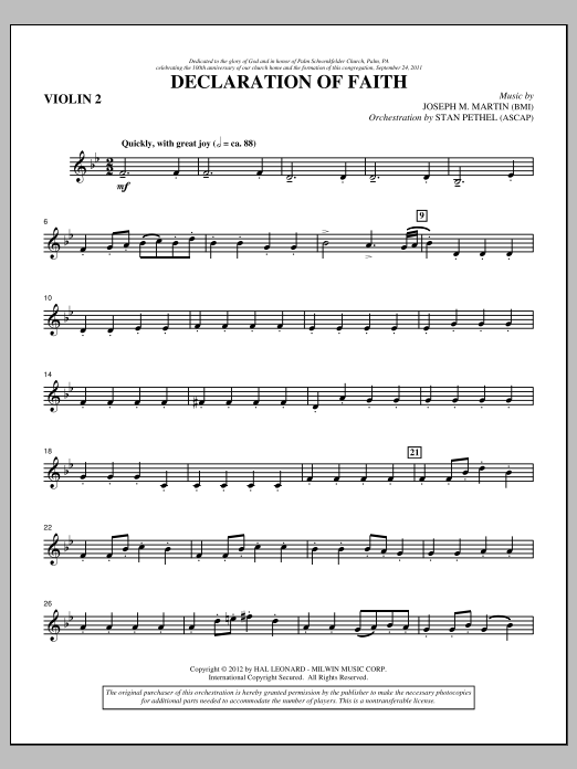 Learn to play Joseph M. Martin Declaration Of Faith - Violin 2 sheet music for Choir Instrumental Pak in minutes. Price: 8.9900$ Joseph M. Martin Declaration Of Faith - Violin 2 sheet music notes and chords arranged for Choir Instrumental Pak