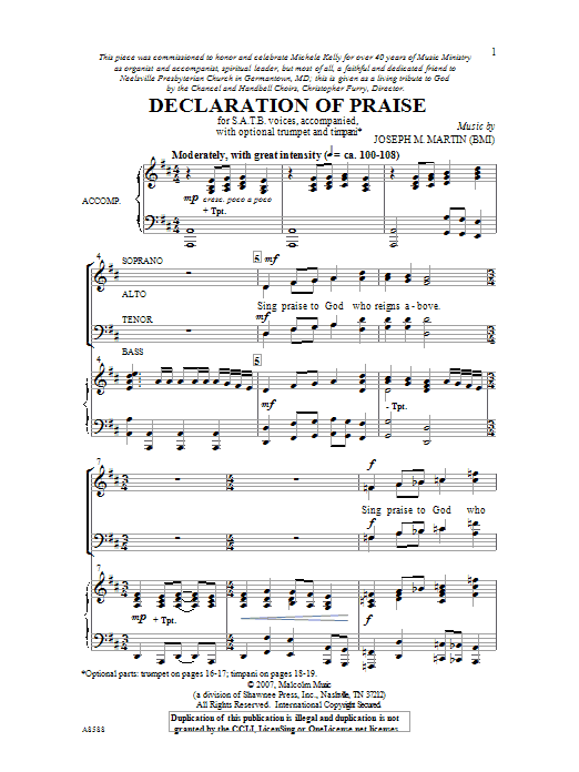 Learn to play Joseph M. Martin Declaration Of Praise sheet music for SATB Choir in minutes. Price: 3.9900$ Joseph M. Martin Declaration Of Praise sheet music notes and chords arranged for SATB Choir