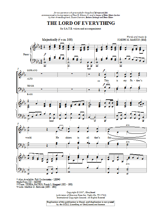 Learn to play Joseph M. Martin Lord Of Everything sheet music for SATB Choir in minutes. Price: 3.9900$ Joseph M. Martin Lord Of Everything sheet music notes and chords arranged for SATB Choir