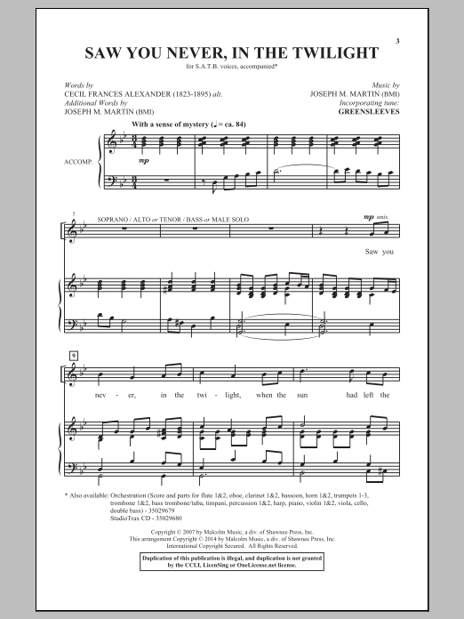 Learn to play Joseph M. Martin Saw You Never, In The Twilight sheet music for SATB Choir in minutes. Joseph M. Martin Saw You Never, In The Twilight sheet music notes and chords. Download Printable PDF.