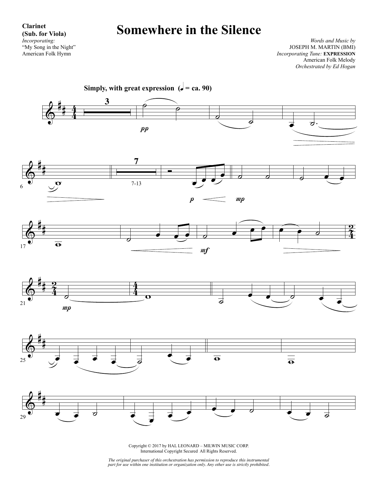 Learn to play Joseph M. Martin Somewhere in the Silence - Clarinet (sub Viola) sheet music for Choir Instrumental Pak in minutes. Price: 8.9900$ Joseph M. Martin Somewhere in the Silence - Clarinet (sub Viola) sheet music notes and chords arranged for Choir Instrumental Pak
